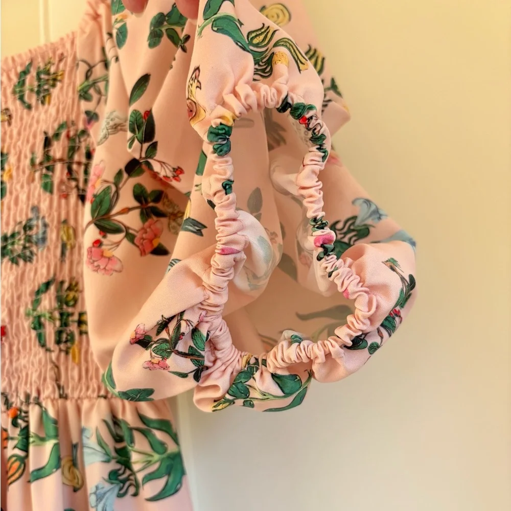 Pink and green botanical puff sleeve midi - Picture 5 of 8